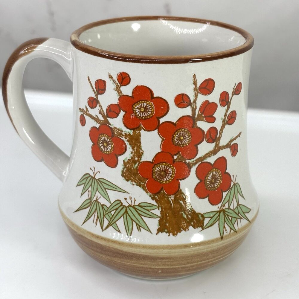 Vintage 70s Ceramic Coffee Mug Tea Cup Retro Floral Tree Branch Boho Cottagecore